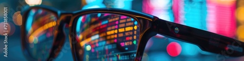 Reflection of a stock market ticker on a trader's glasses, capturing the intensity and focus required in the world of financial trading.
