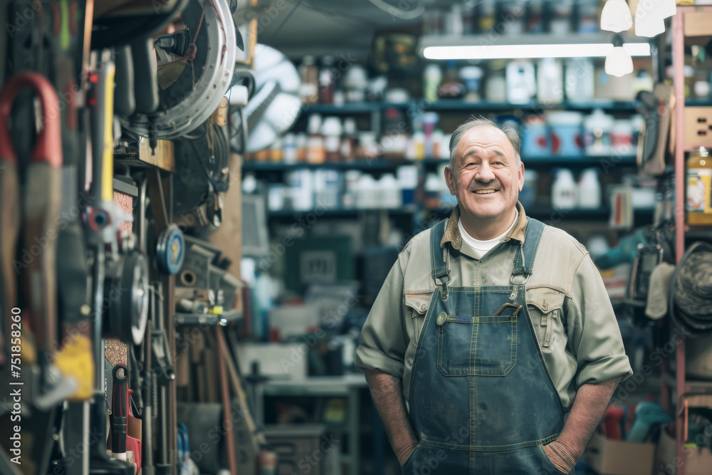 Senior man in a hardware store smiling happily at the camera with a smile
