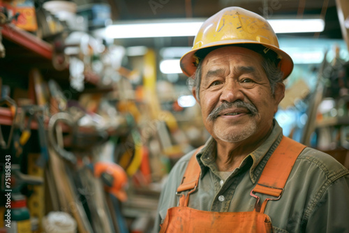 Senior man in a hardware store smiling happily at the camera with a smile 