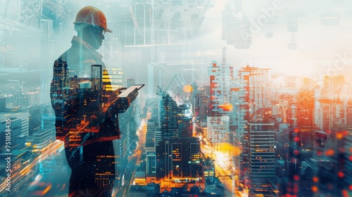 Double exposure image of construction worker with tablet computer and wearing construction uniform against the background of surreal construction site in the city. photo