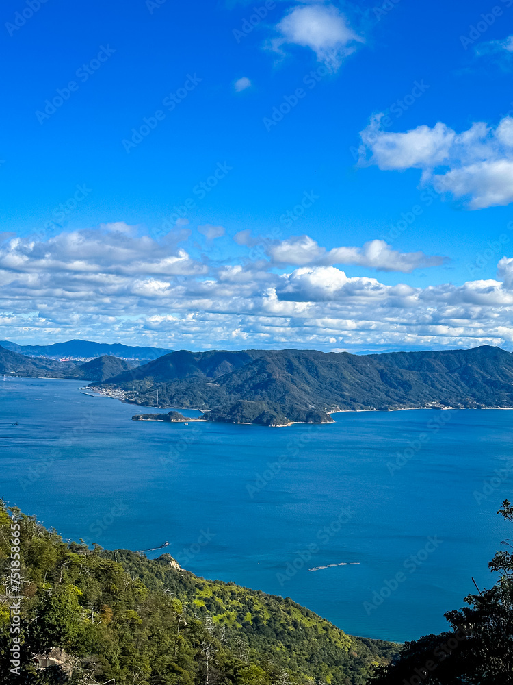 Miyajima, Itsukushima island, Japan - 13.11.2023. Mountain Misen observatory in Miyajima island, Hiroshima prefecture, Japan. Beautiful scenery from Mount Misen Observatory, Miyajima, Hiroshima, Japan