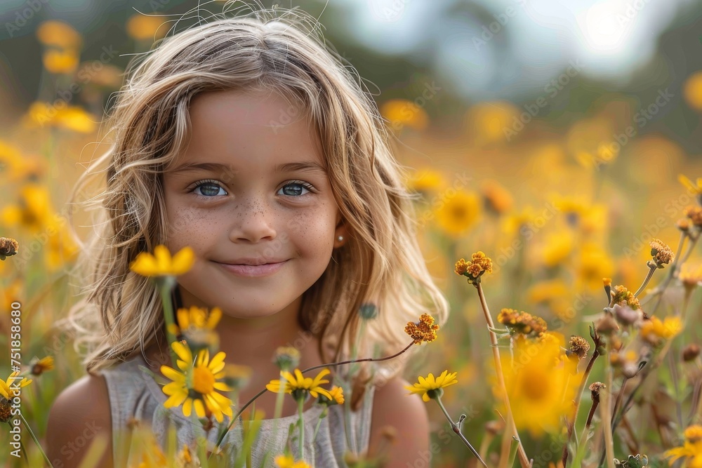 A young girl standing among yellow blossoms in a field, smiling and looking into the camera A young girl standing among yellow blossoms in a field, smiling and looking into the camera