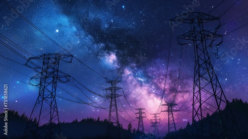 Electricity transmission towers with glowing wires against the starry sky.