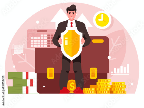 Investment protection. Businessman holding protective shield in your hands. Personal data security. Investment portfolio. Financial performance. Boost business productivity. Huge Briefcase. Vector