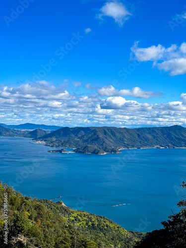 Miyajima, Itsukushima island, Japan - 13.11.2023. Mountain Misen observatory in Miyajima island, Hiroshima prefecture, Japan. Beautiful scenery from Mount Misen Observatory, Miyajima, Hiroshima, Japan