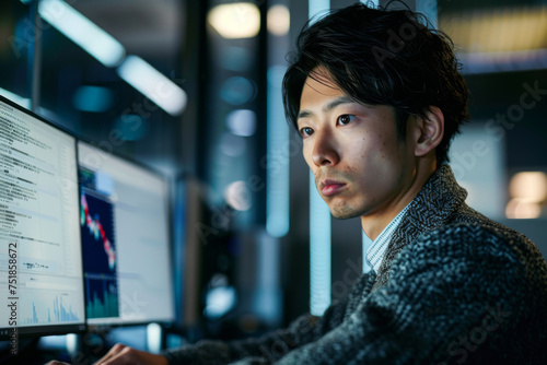 Portrait of a handsome Asian businessman working on computer at night
 photo