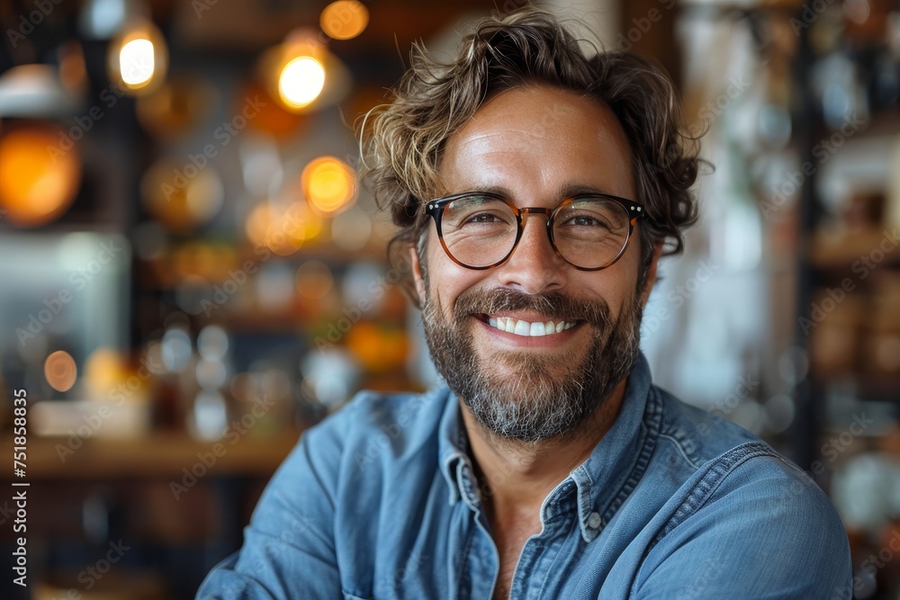 Smiling bearded man with curly hair wearing glasses inside a cozy café or artisan shop Smiling bearded man with curly hair wearing glasses inside a cozy café or artisan shop