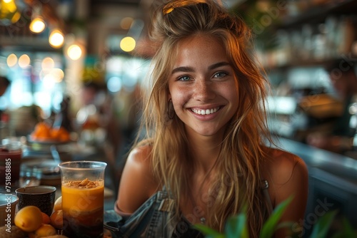A smiling young blonde woman enjoying time at a café with a refreshing drink in front of her