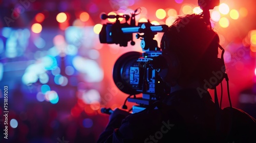 Professional cameraman covering on event with a video  cameraman silhouette on live studio news  Selective focus