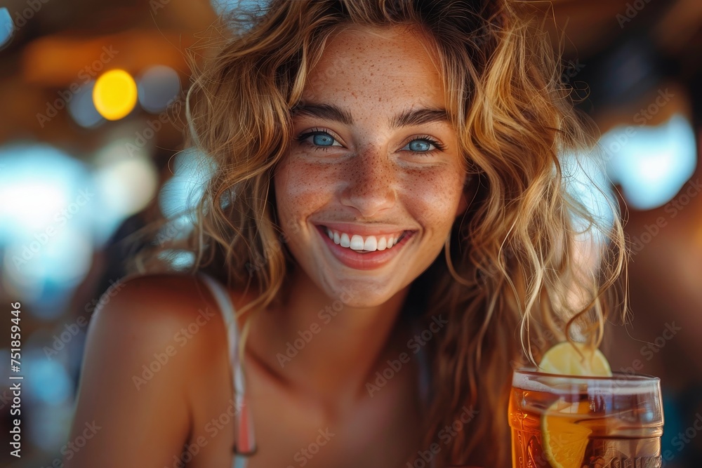 A sun-kissed young woman with freckles smiling with a refreshing drink in a beachside cafe ambiance A sun-kissed young woman with freckles smiling with a refreshing drink in a beachside cafe ambiance