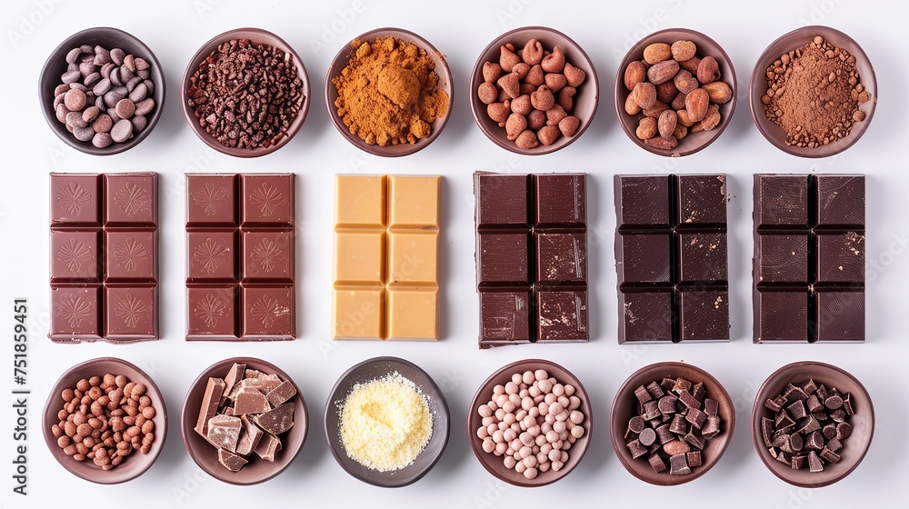 Milk chocolate pieces isolated on white background from top view Milk chocolate pieces isolated on white background from top view
