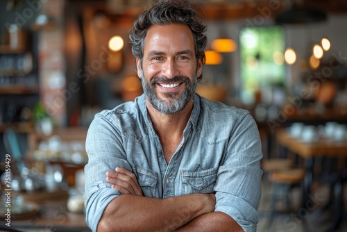 A relaxed and happy mature man with a beard and crossed arms smiles warmly in a cozy environment