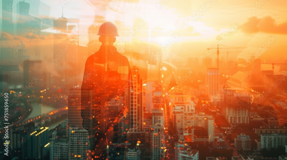 The double exposure image of the engineer standing back during sunrise overlay with cityscape image.