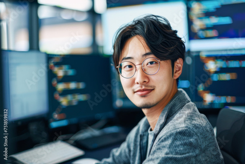 Portrait of young Asian businessman wearing eyeglasses looking at camera while sitting in front of computer monitors in office 