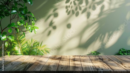 wood table green wall background with sunlight window create leaf shadow on wall with blur indoor green plant foreground