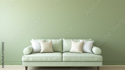 An uncomplicated bedroom setup featuring a simple-style sofa against a muted sage green background wall. photo
