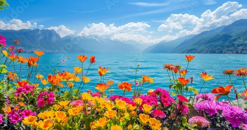 beautiful flowers on the shore with a lake in background Generative AI