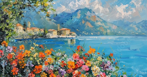 summer in switzerland with flowers by the lake Generative AI
