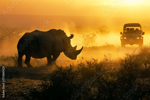 Black rhinoceros at sunset in the savannah of Kenya 