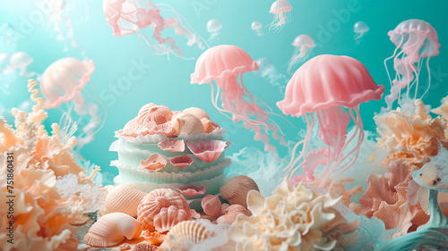 A pastel sky-blue wall transforming into an underwater fantasy, featuring a mermaid-themed cake surrounded by floating jellyfish and seashell-shaped cookies.
