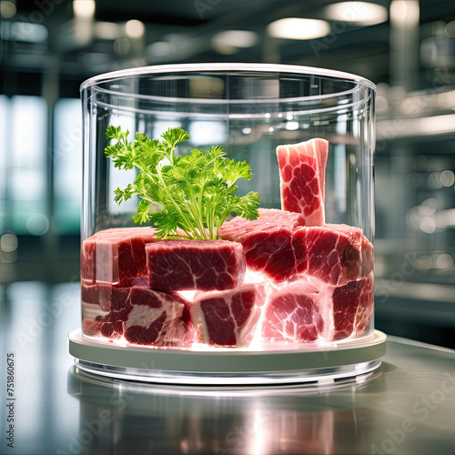 Concept of meat cultured from animal somatic cells. Meat sample in the disposable plastic container in modern laboratory.
