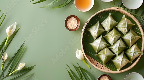 Zongzi, steamed rice dumplings on green table background, food in dragon boat festival duanwu concept, close up, copy space, top view, flat lay photo