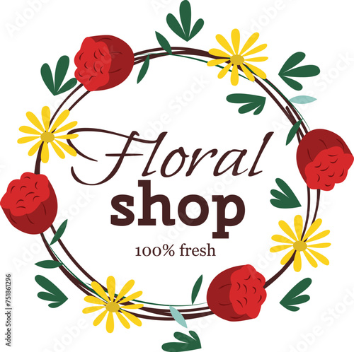 Circular floral wreath red yellow flowers, leaf accents. Elegant design flora...