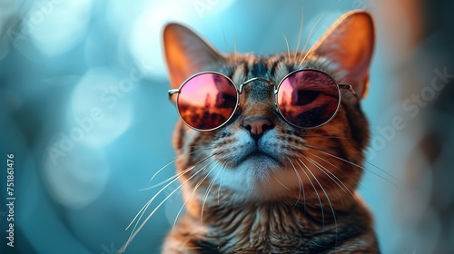 Serious cat in sunglasses. Pet with glasses on a blue sunny background.