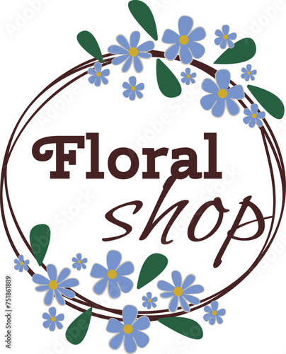 Logo design floral shop blue flowers green leaves wreath. Elegant brown text ...