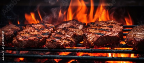 Juicy steaks sizzling on a grill with flames dancing in the background. The meat is being cooked to perfection, searing on the outside while remaining tender inside. photo