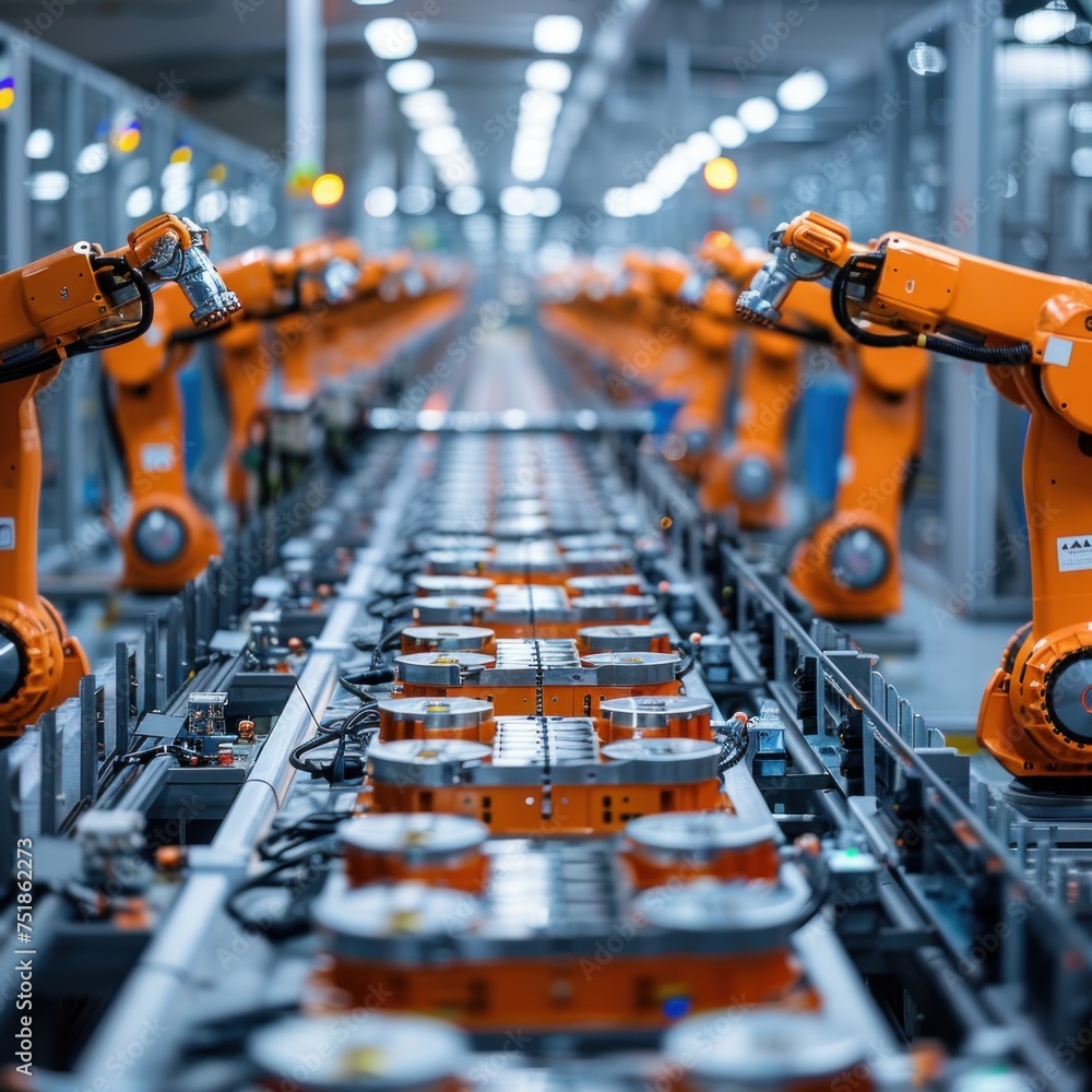 Row of Robot Arms inside Bright Plant Assemble Batteries for Automotive Industry. EV Battery Pack Automated Production Line Equipped with Orange Advanced Robotic Arms. Electric Car Smart Factory Row of Robot Arms inside Bright Plant Assemble Batteries for Automotive Industry. EV Battery Pack Automated Production Line Equipped with Orange Advanced Robotic Arms. Electric Car Smart Factory