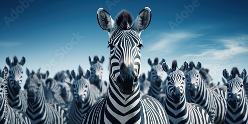 Standing out from the crowd concept with Zebra in heard of horses © Svitlana