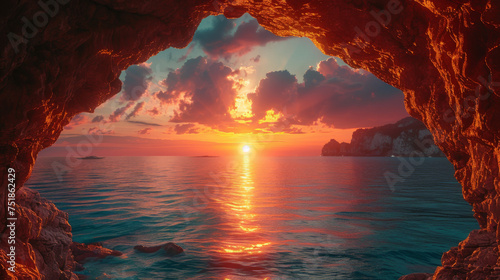 Vintage sea sunset from the mountain cave.