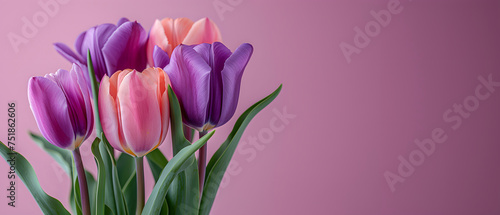 Vibrant Bouquet of Purple and Pink Tulips Against a Soft Lilac Background. Happy Mother s Day Concept