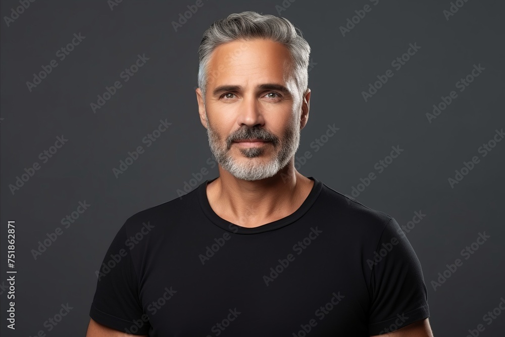 Portrait of handsome mature man in black t-shirt on grey background