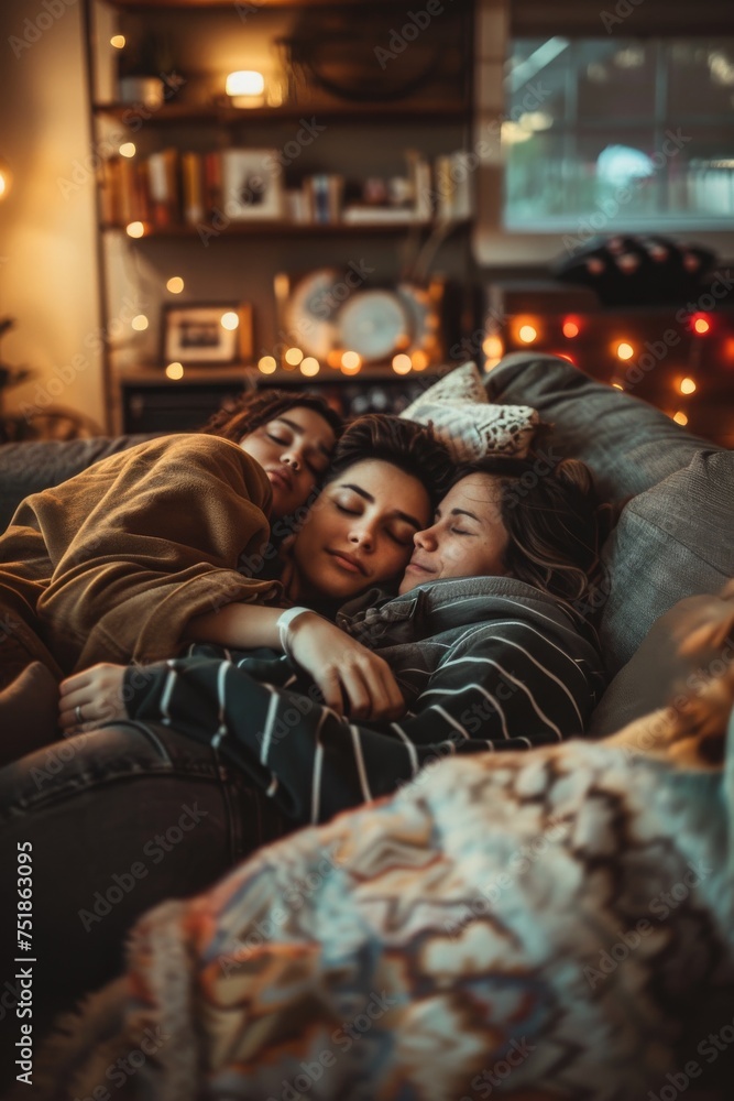 A polyamorous triad cuddling on a couch, their comfort and affection evident in a cozy, shared living space.
