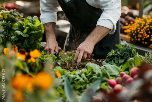A chef preparing a meal with locally sourced, seasonal ingredients, supporting local agriculture and reducing carbon footprint.