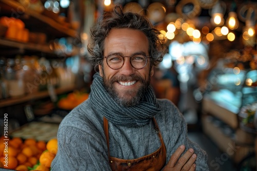 Cheerful mature man with glasses standing at his market stall, surrounded by warm bokeh lights