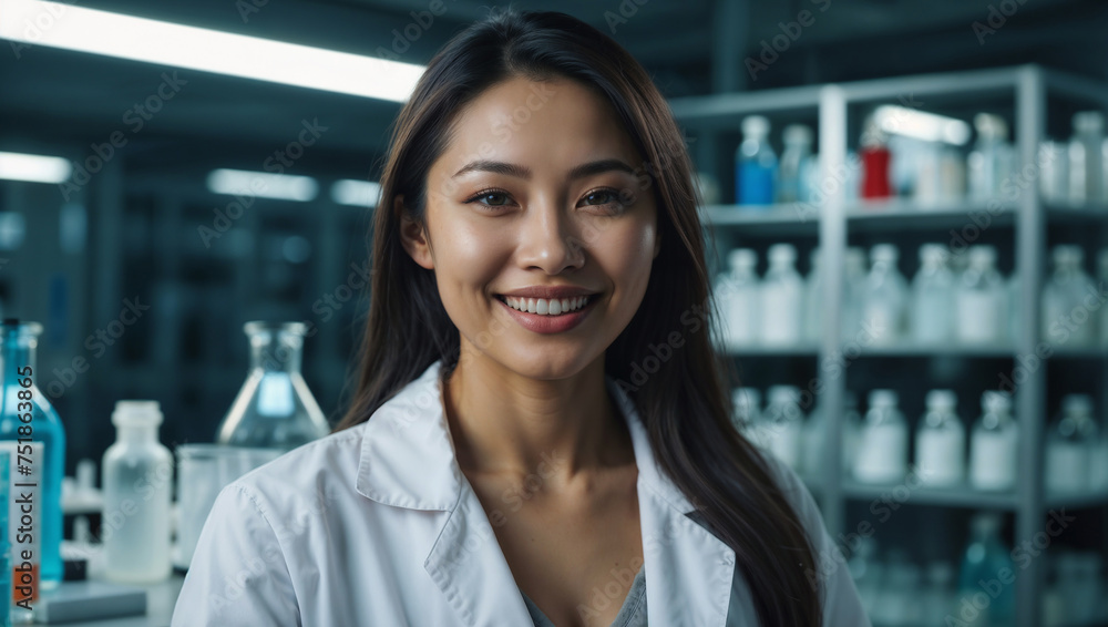 Ricercatrice chimica di origini asiatiche sorride mentre lavora in un laboratorio vestita con il camice bianco