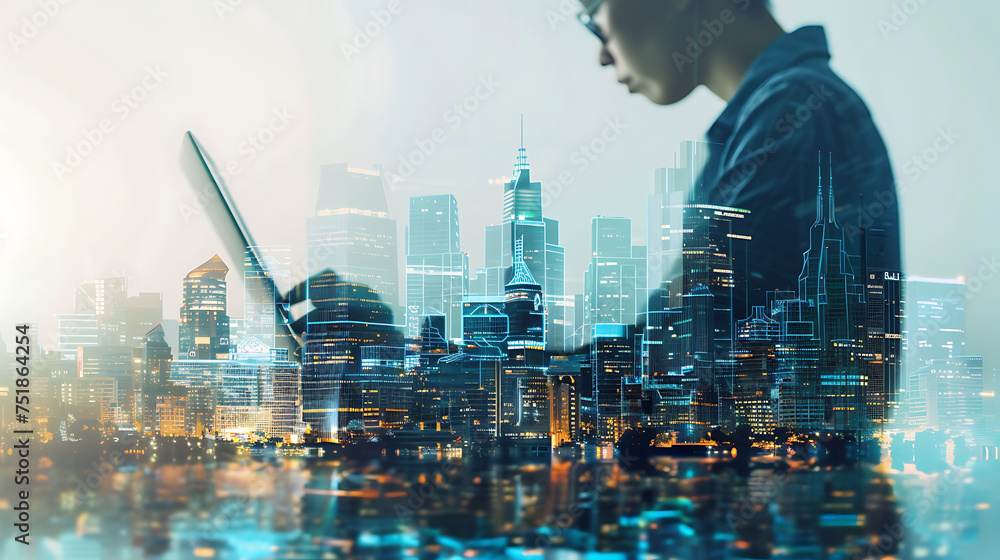 
The image is a creative composition that combines elements of a person working on a laptop with a cityscape - obrazy, fototapety, plakaty 