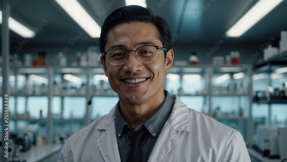 Ricercatore chimico di origini asiatiche sorride mentre lavora in un laboratorio vestito con il camice bianco camicia e occhiali Ricercatore chimico di origini asiatiche sorride mentre lavora in un laboratorio vestito con il camice bianco camicia e occhiali