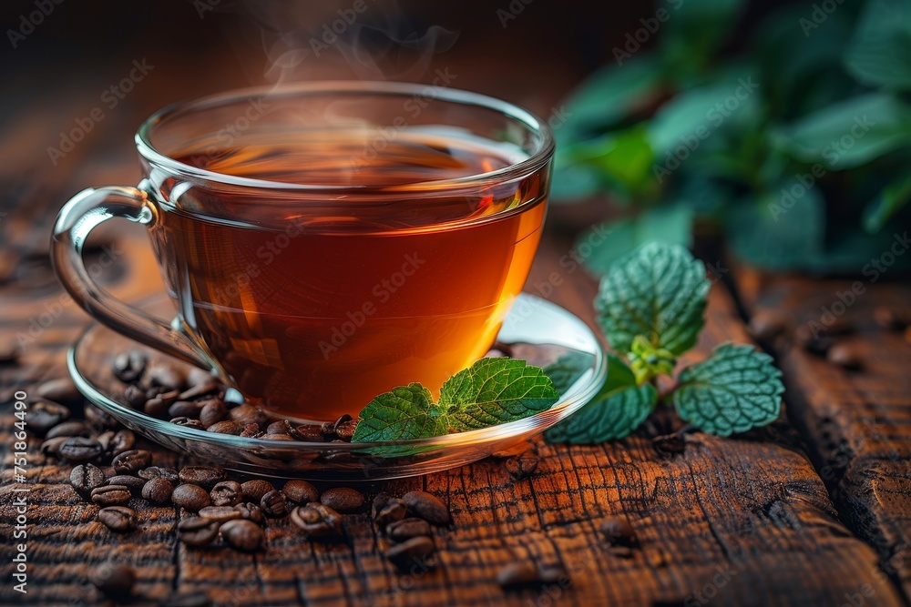 A warm cup of tea surrounded by coffee beans, fresh mint, and wood backdrop offering a cozy ambiance A warm cup of tea surrounded by coffee beans, fresh mint, and wood backdrop offering a cozy ambiance