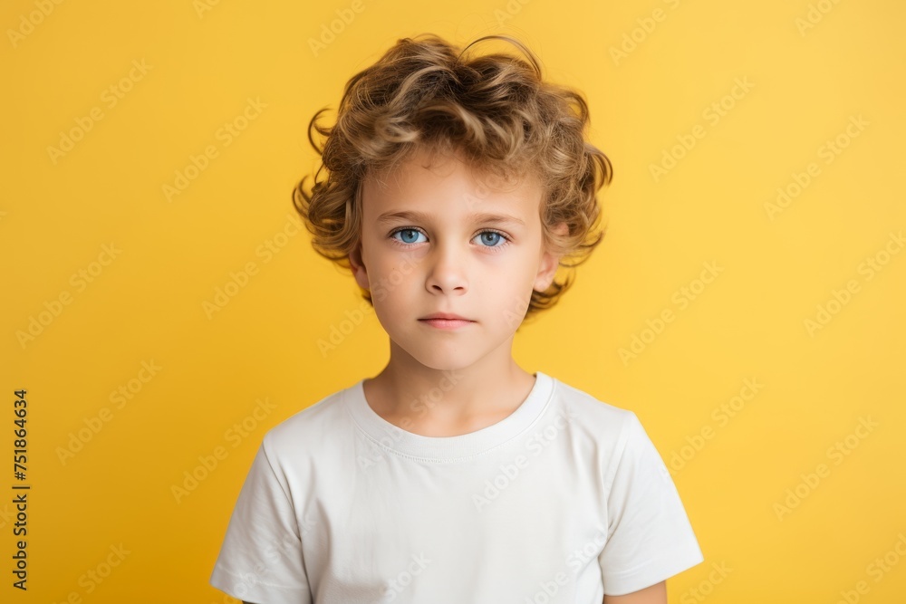 portrait of cute little boy with curly hair looking at camera isolated on yellow portrait of cute little boy with curly hair looking at camera isolated on yellow