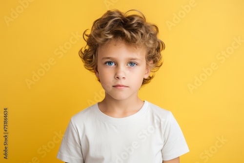 portrait of cute little boy with curly hair looking at camera isolated on yellow