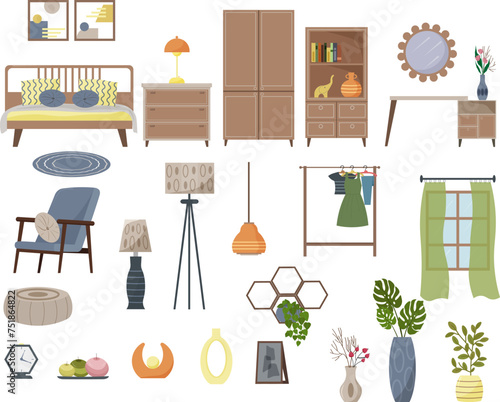 A set of furniture for the interior of a bedroom. Bed, bedside table and wardrobe, dressing table and mirror. Decorative shelves with flowers, floor lamp and lamp, window with curtains. Personal