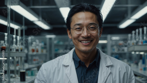 Ricercatore chimico di origini asiatiche sorride mentre lavora in un laboratorio vestito con il camice bianco camicia e occhiali photo