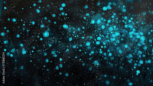 Radiant turquoise light spots dancing on a deep black canvas