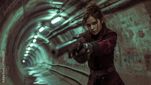 Subterranean subway tunnel, a girl with a gun in a deep plum trench coat, the gun's metallic details in rich burgundy.