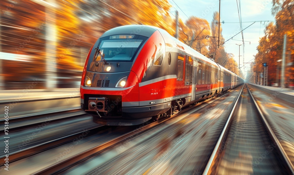 Fototapeta premium Picturesque rural countryside. A speeding high-speed train