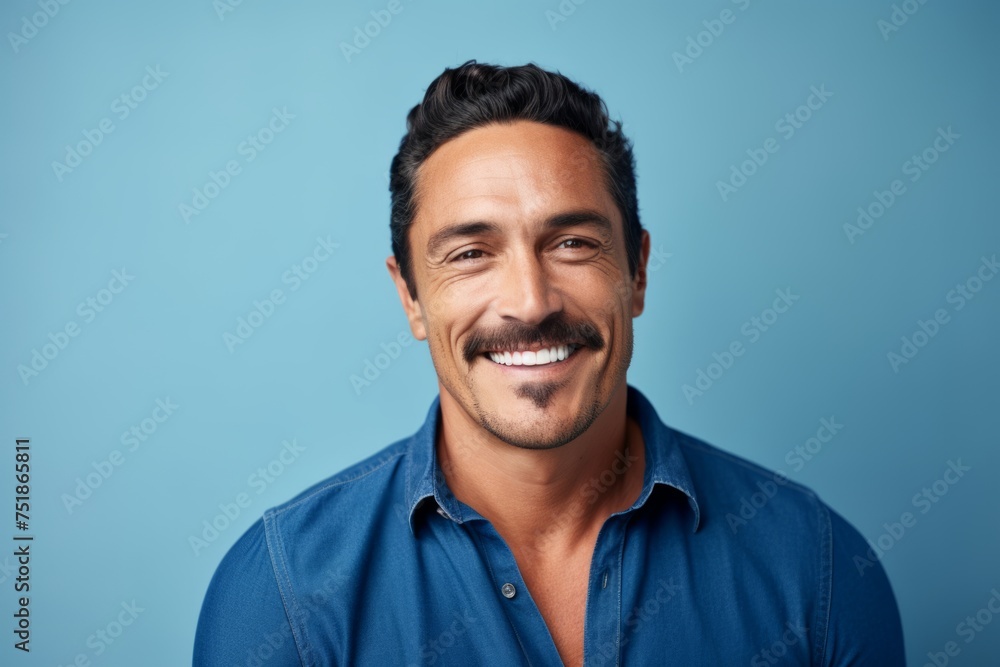 Portrait of a smiling young man with beard and mustache against blue background Portrait of a smiling young man with beard and mustache against blue background